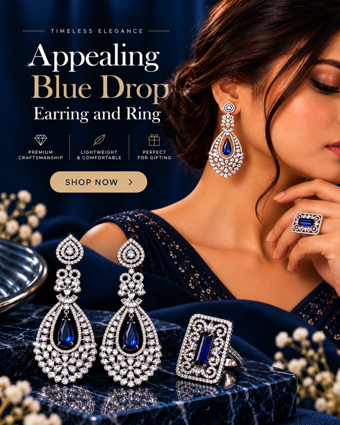 Appealing Blue Drop Earring and Ring
